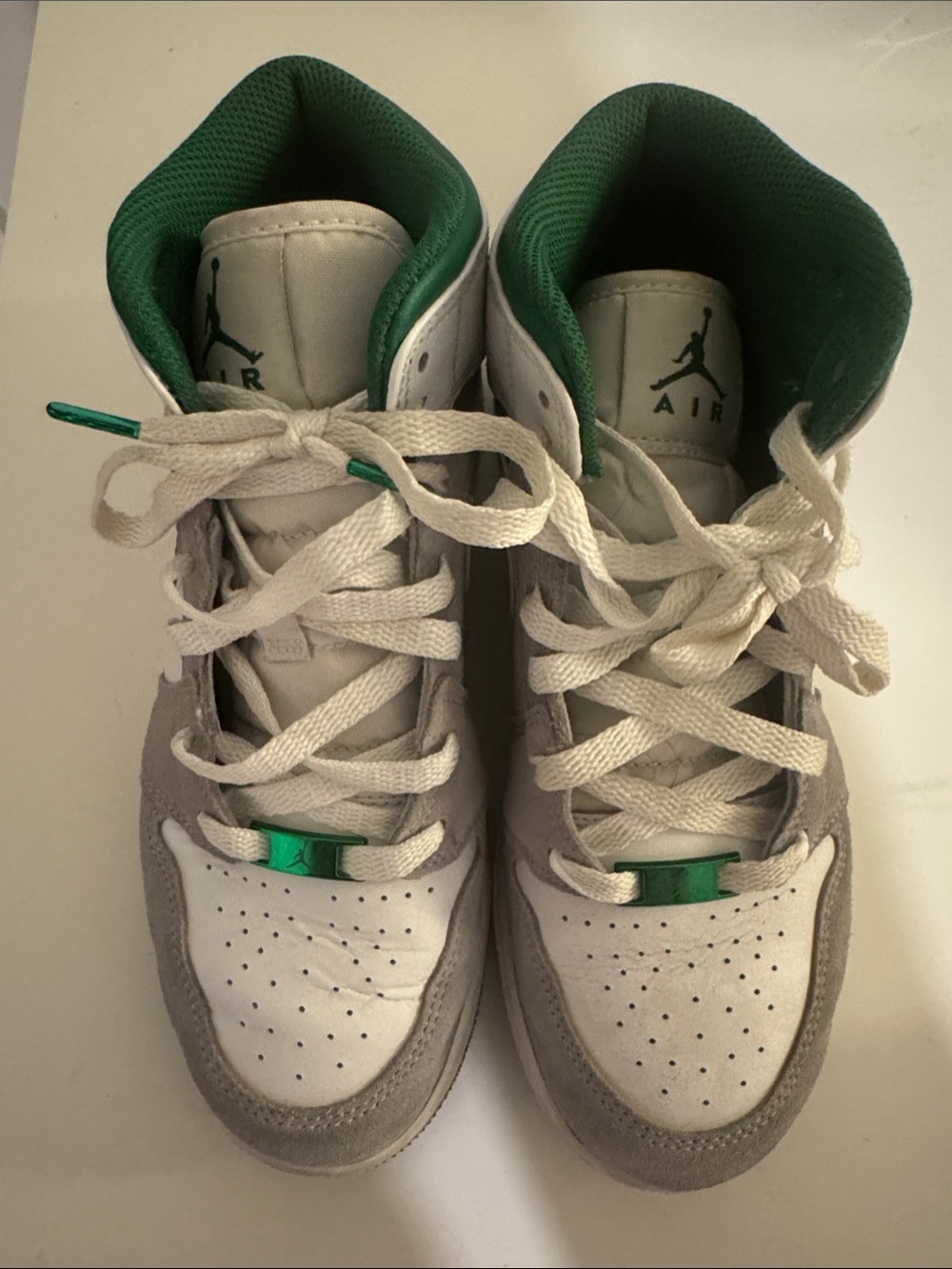 Nike Kids High-Top Sneakers in White, Gray & Green